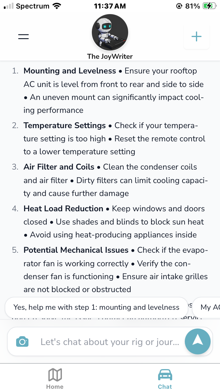 Grover app providing expert AC troubleshooting guidance with step-by-step mounting, temperature settings, air filter cleaning, and mechanical diagnostics
